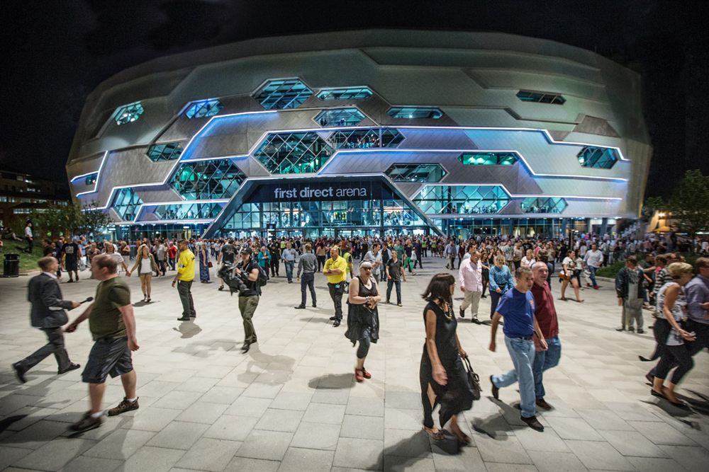 Crowds outside the first direct bank Arena in Leeds at night